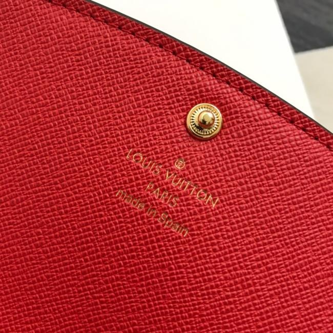 lv N63544 啡格大红  功能实用且设计华美的 Emilie 钱夹采用柔软的 Monogram 帆布制成 衬以颜色鲜艳的内衬 气质极为优雅 多袋