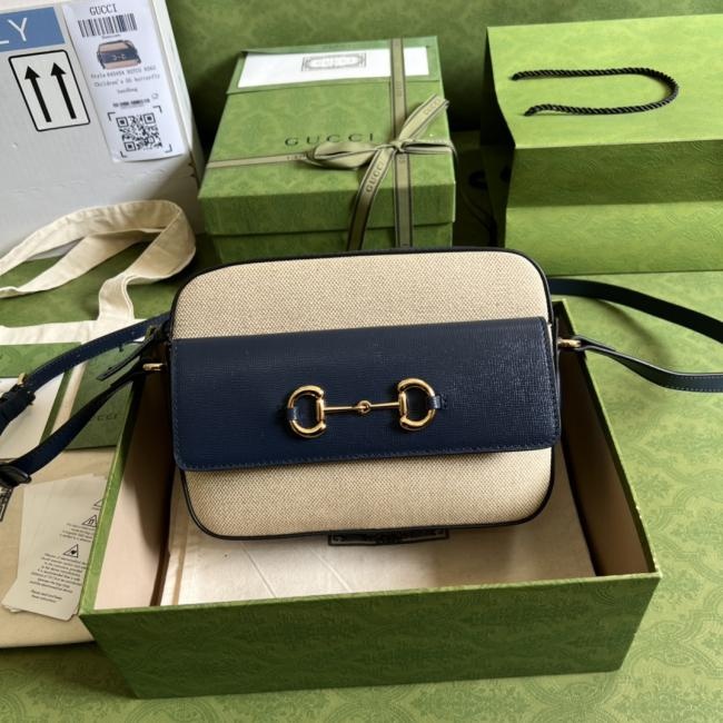 Gucci Ophidia 6454中号手提包-麻布/蓝皮，复古设计，品牌经典元素