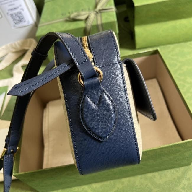 Gucci Ophidia 6454中号手提包-麻布/蓝皮，复古设计，品牌经典元素