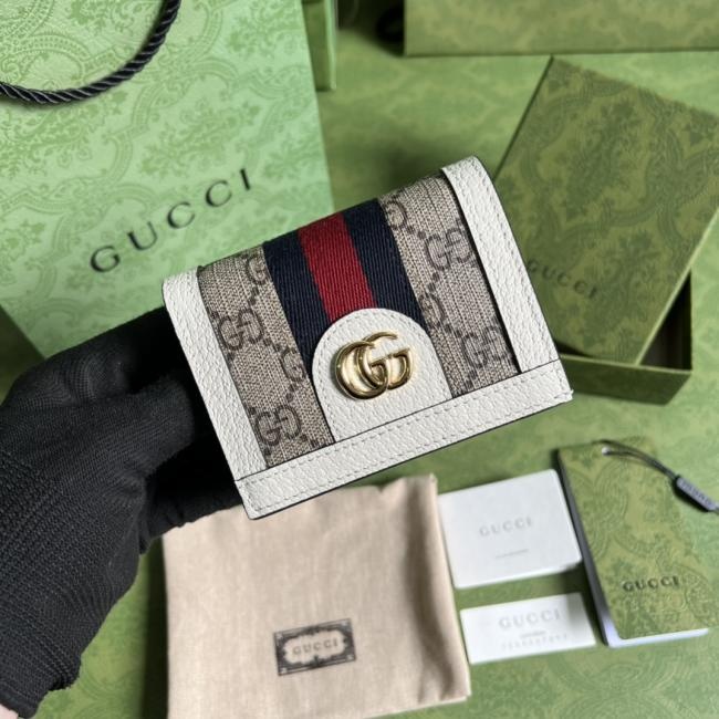 Gucci 5231 经典GG图案白色pvc卡包，配全套原厂绿盒包装