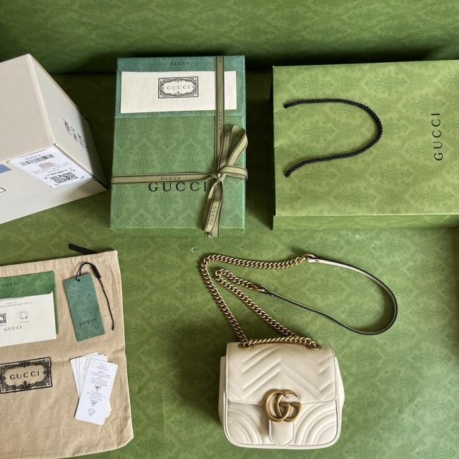 GG古驰 739682 GG Marmont 绿盒包装 白色皮革新款手袋