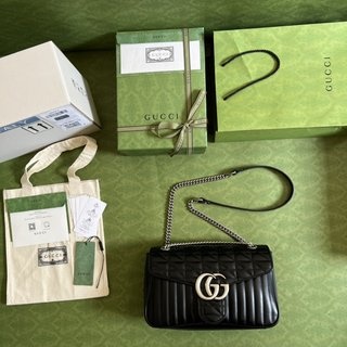 GG Marmont 4434款黑色格子全皮革包，全套原厂绿色包装